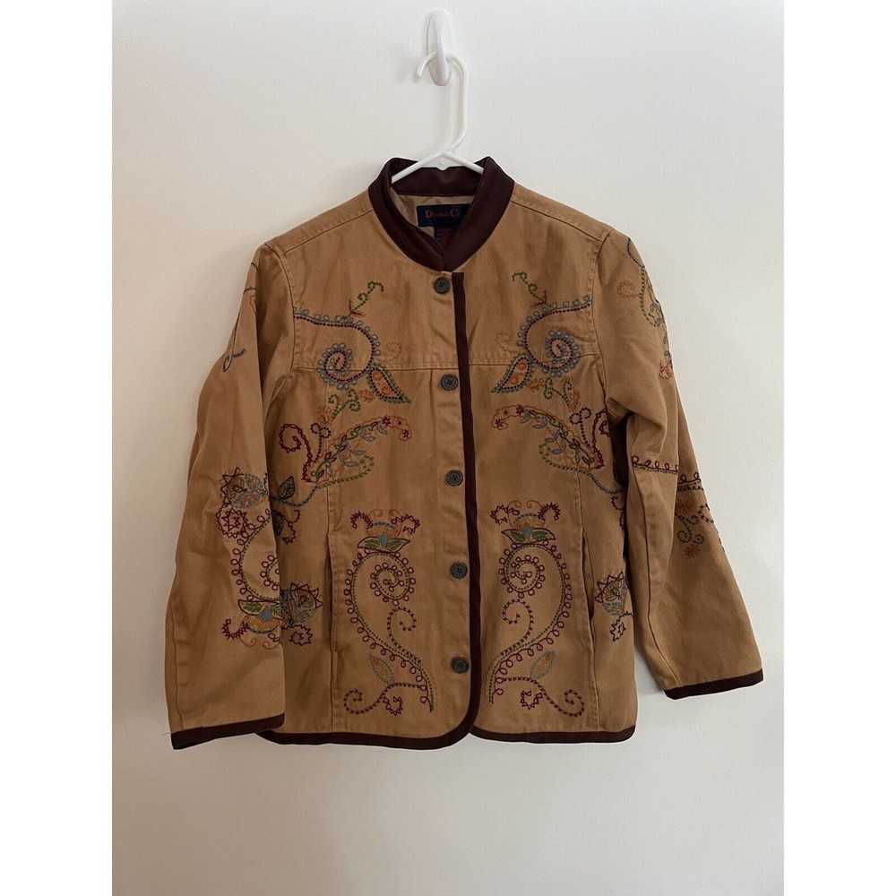 DENIM & CO Women’s XS Boho Tan Denim Embroidered Lined Button Up Jacket Hippie